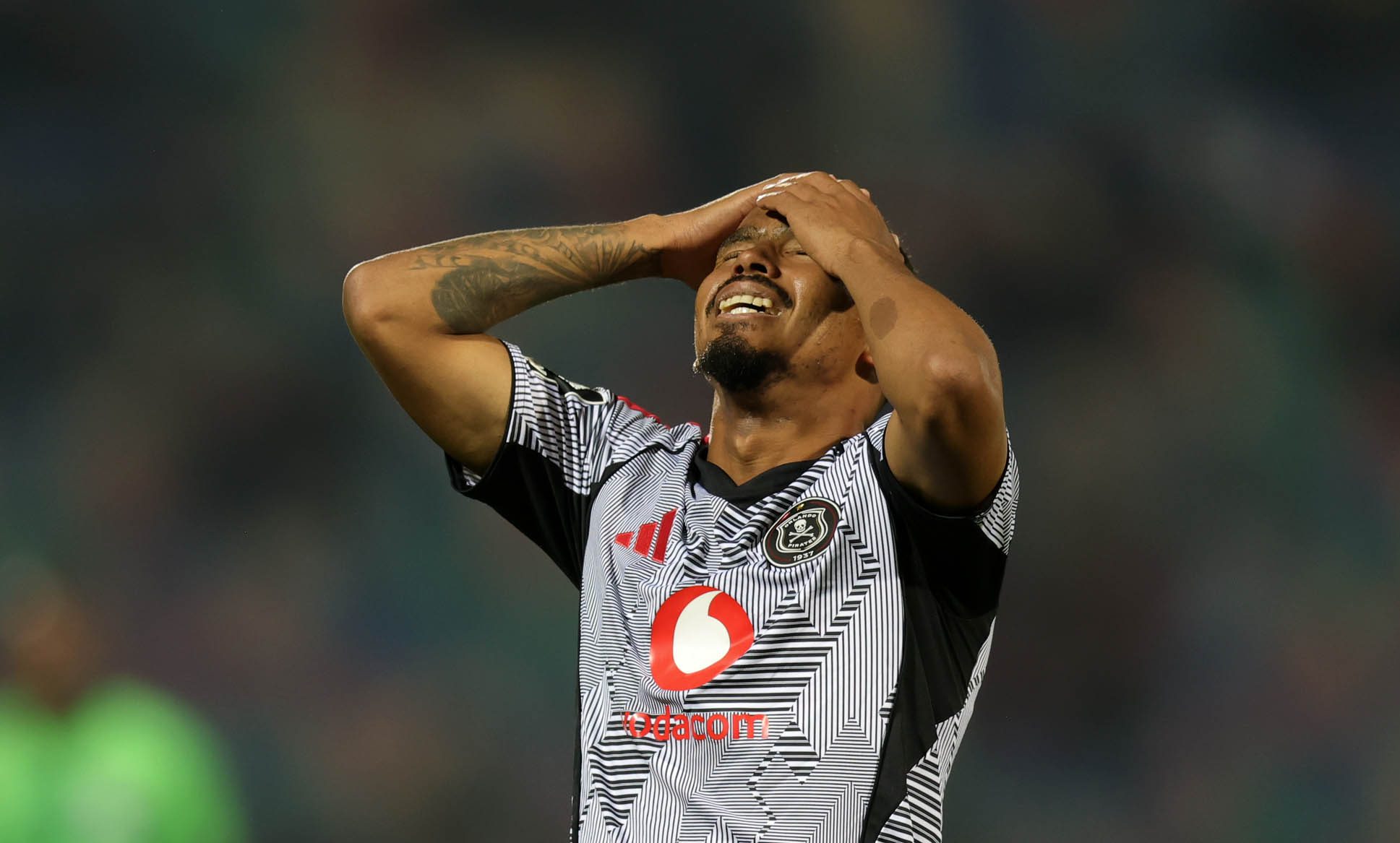 Oswin Appollis of Orlando Pirates reacts in disappointment after missed chance during the Betway Premiership 2025/26 match between Marumo Gallants and Orlando Pirates at Dr Molemela Stadium at in Bloemfontein on the 12 August 2025 ©Samuel Shivambu/BackpagePix