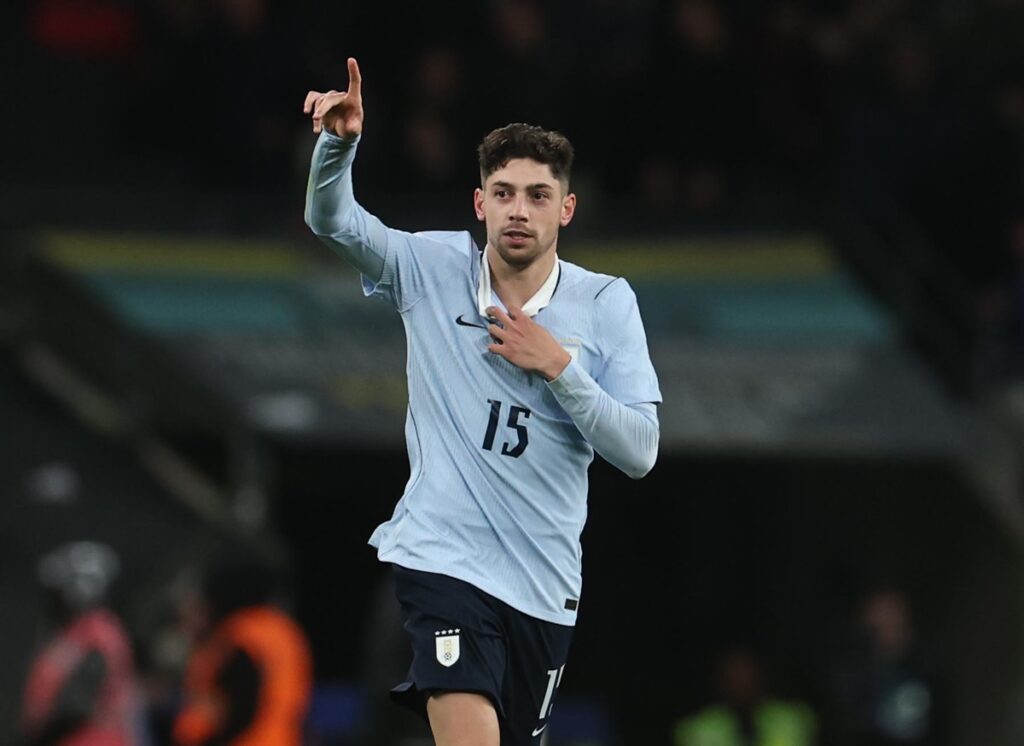 epa12855490 Federico Valverde of Uruguay celebrates after he scores the 1-1 goal from the penalty spot  during the international friendly soccer match between England and Uruguay at Wembley Stadium in London, Britain, 27 March 2026. LL  EPA/NEIL HALL