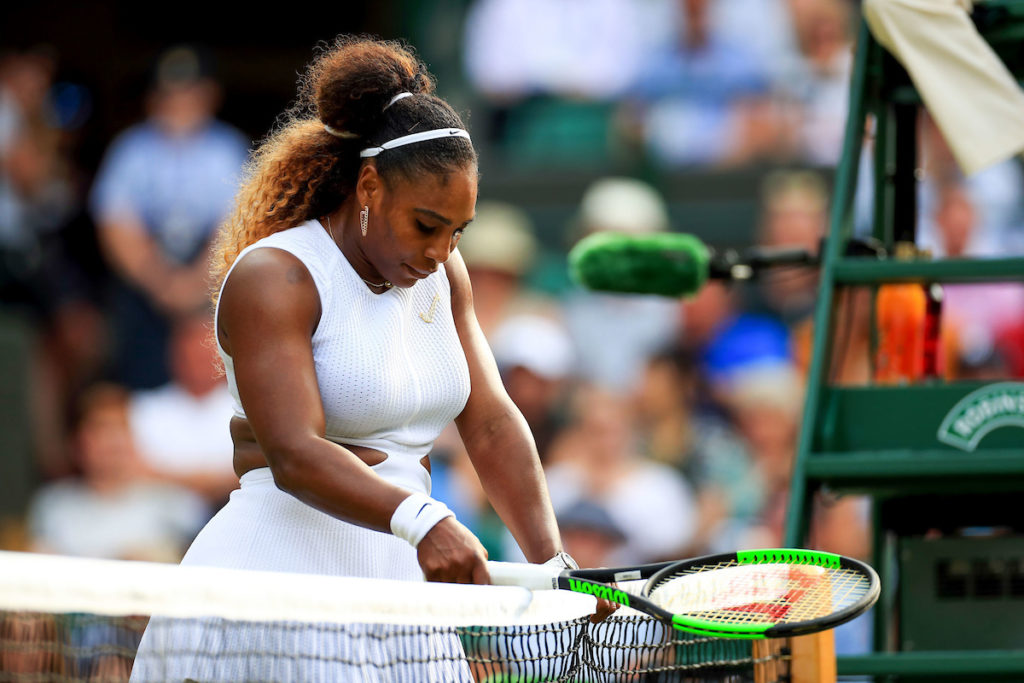 Serena Williams at the net during her match on day four of the Wimbledon Championships at the All England Lawn Tennis and Croquet Club, Wimbledon, on 4th July 2019. 
Photo : PA Images / Icon Sport