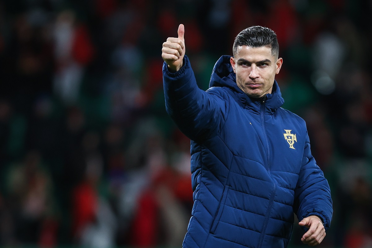epa11984559 Portugal's Cristiano Ronaldo celebrates after winning the UEFA Nations League playoff second leg soccer match between Portugal and Denmark at Alvalade Stadium, in Lisbon, Portugal, 23 March 2025.  EPA/RODRIGO ANTUNES