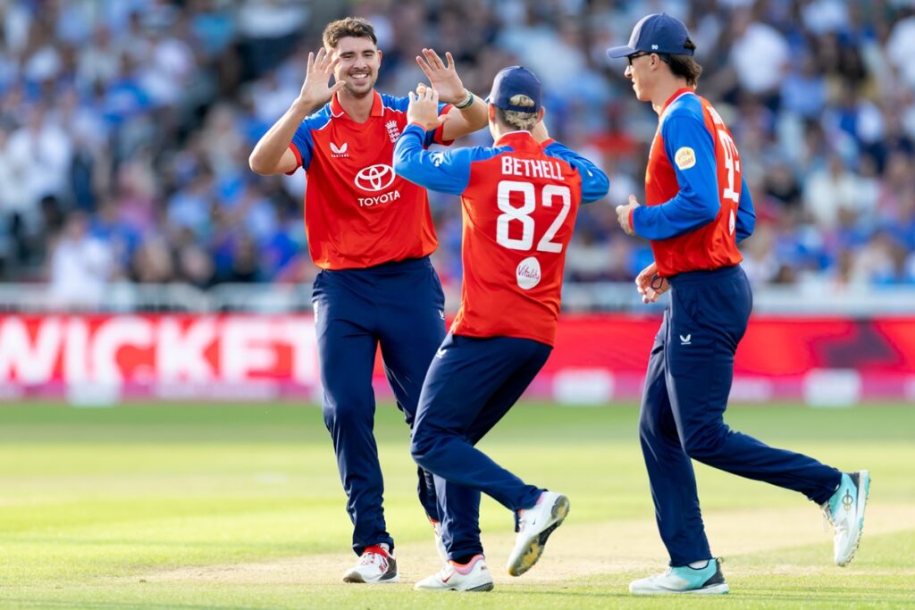 NOTTINGHAM, ENGLAND - JULY 07: Josh Tongue of England celebrates the wicket of Ishan Kishan of India (not pictured) during the 3rd Vitality IT20 match between England and India at Trent Bridge on July 07, 2026 in Nottingham, England.  (Photo by Suvadeep Biswas/Getty Images)